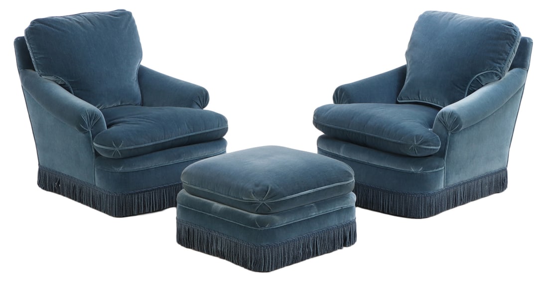 PAIR OF FRENCH BLUE VELVET COVERED LOUNGE CHAIRS IN THE MANNER OF JANSEN C 1960 WITH MATCHING (1 of 8)