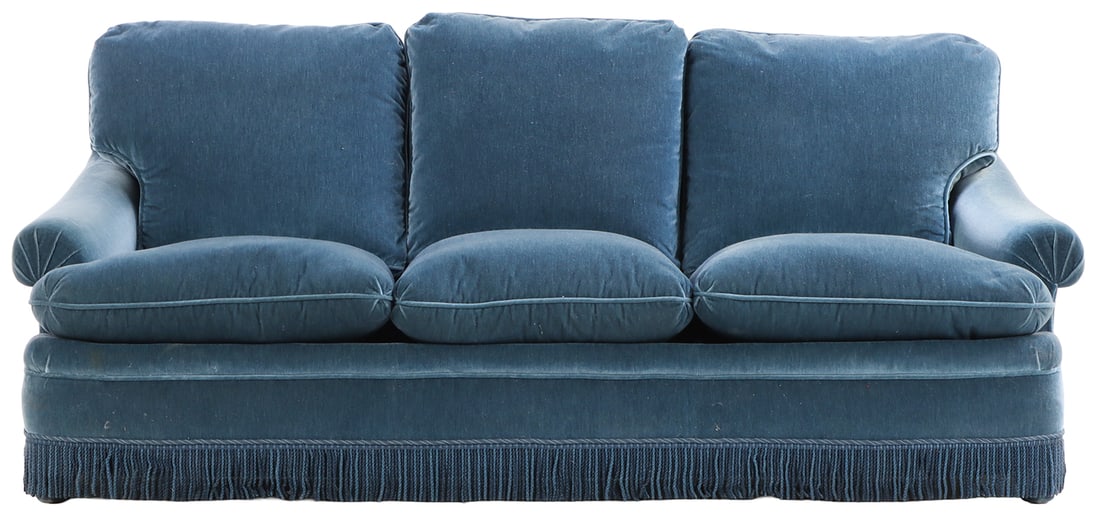 FRENCH BLUE VELVET COVERED THREE SEAT SOFA IN THE MANNER OF JANSEN C 1960. (1 of 6)