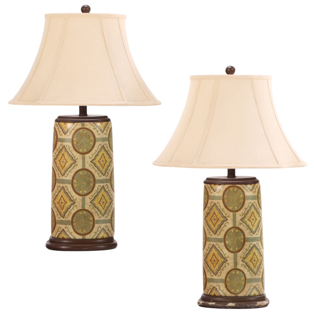 A PAIR OF CERAMIC HARLEQUIN STYLE TABLE LAMPS. (1 of 7)