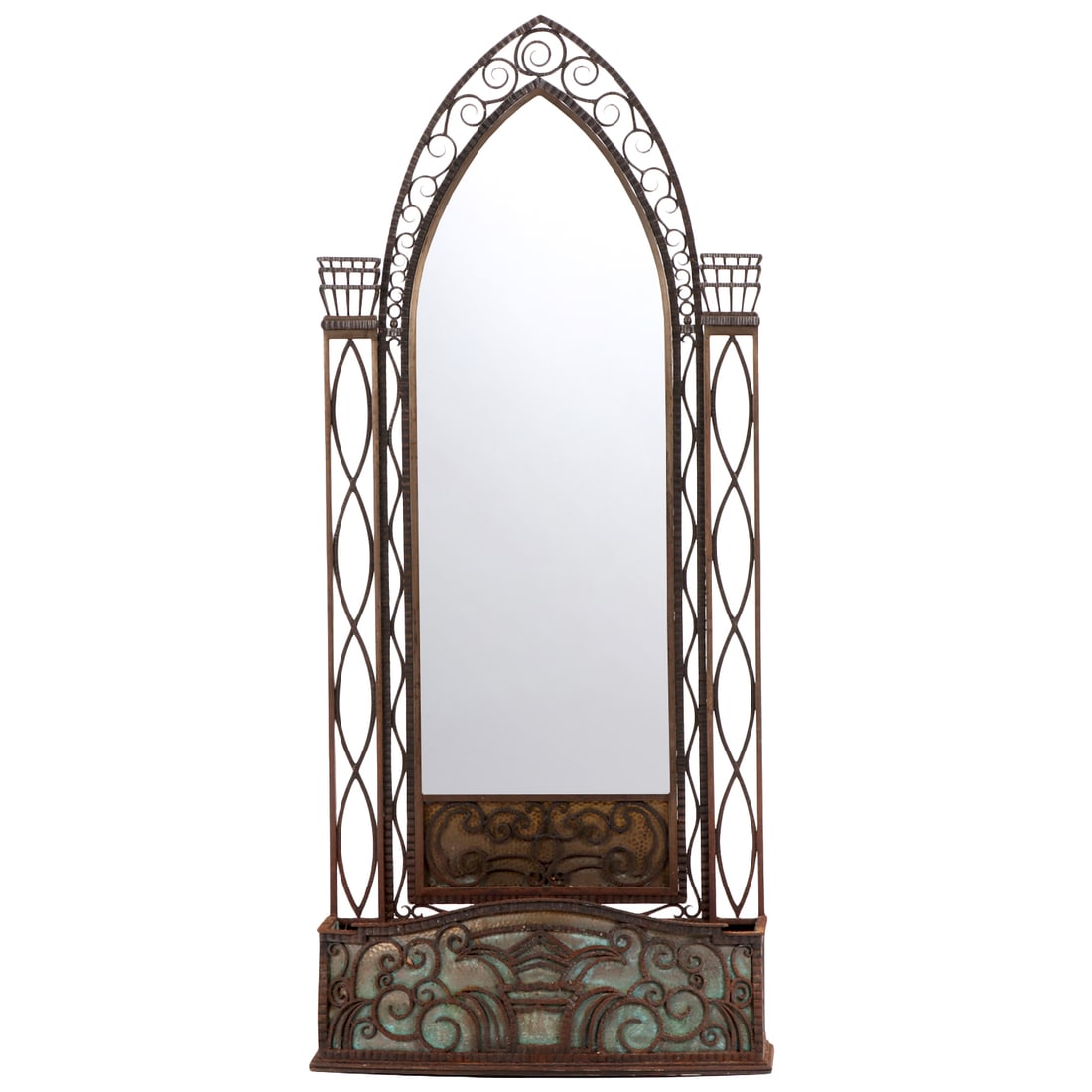 FRENCH HAND HAMMERED IRON AND COPPER ART DECO HALL MIRROR WITH PLANTER BASE C 1935. (1 of 6)