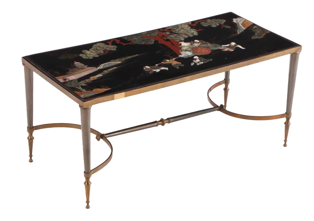BRASS AND STEEL FRENCH COFFEE TABLE HAVING A CHINOISERIE DECORATED WOOD TOP IN THE MANNER OF JANSEN (1 of 7)