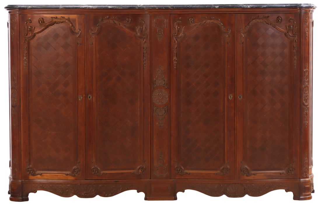 A FOUR DOOR CARVED CABINET IN THE REGENCE STYLE HAVING A MARBLE TOP AND MIRRORED BAR COMPARTMENT (1 of 10)