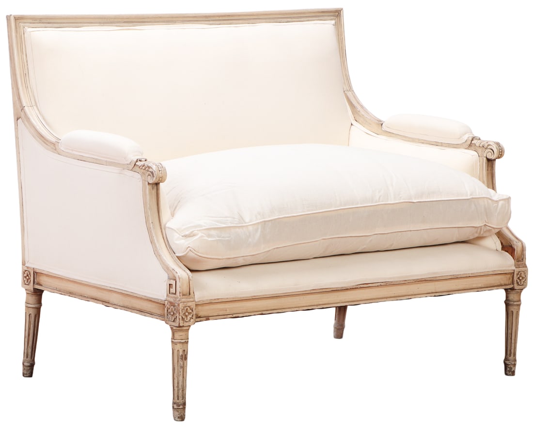 LOUIS XVI STYLE PAINTED SETTEE ATTRIBUTED TO JANSEN C 1945. RECENTLY RECOVERED. FOUND ENSUITE (1 of 6)