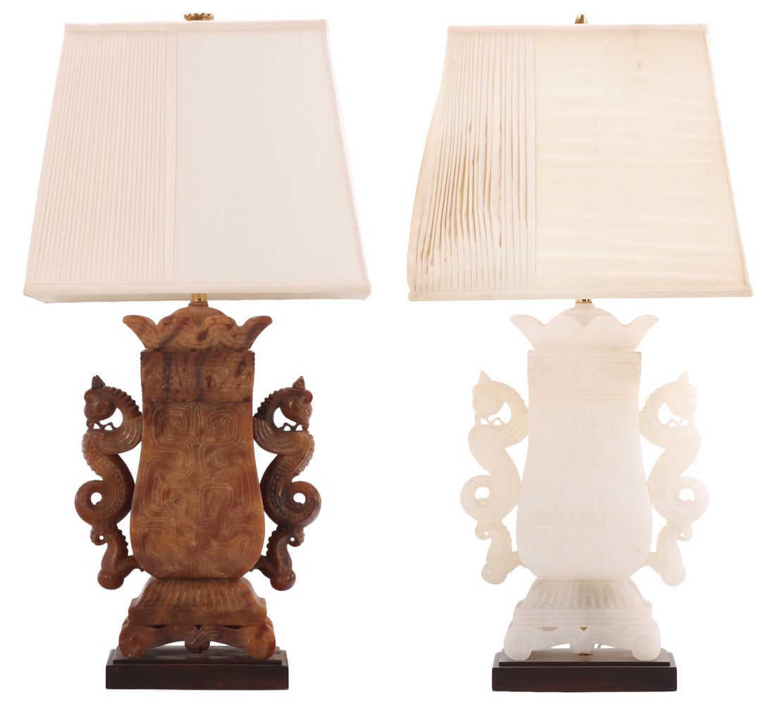 PAIR OF VINTAGE EAST ASIAN STYLE TABLE LAMPS, CARVED BROWN AND WHITE ONYX WITH DRAGON HANDLES, (1 of 6)