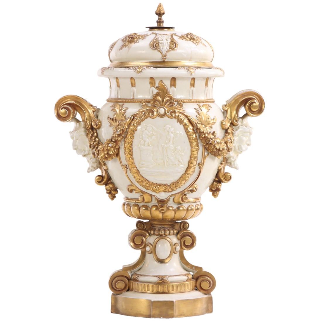 LARGE VOLKSTEDT PORCELAIN LIDDED URN HAVING WHITE GLAZE WITH GILT DECORATION C. 1900 (1 of 8)