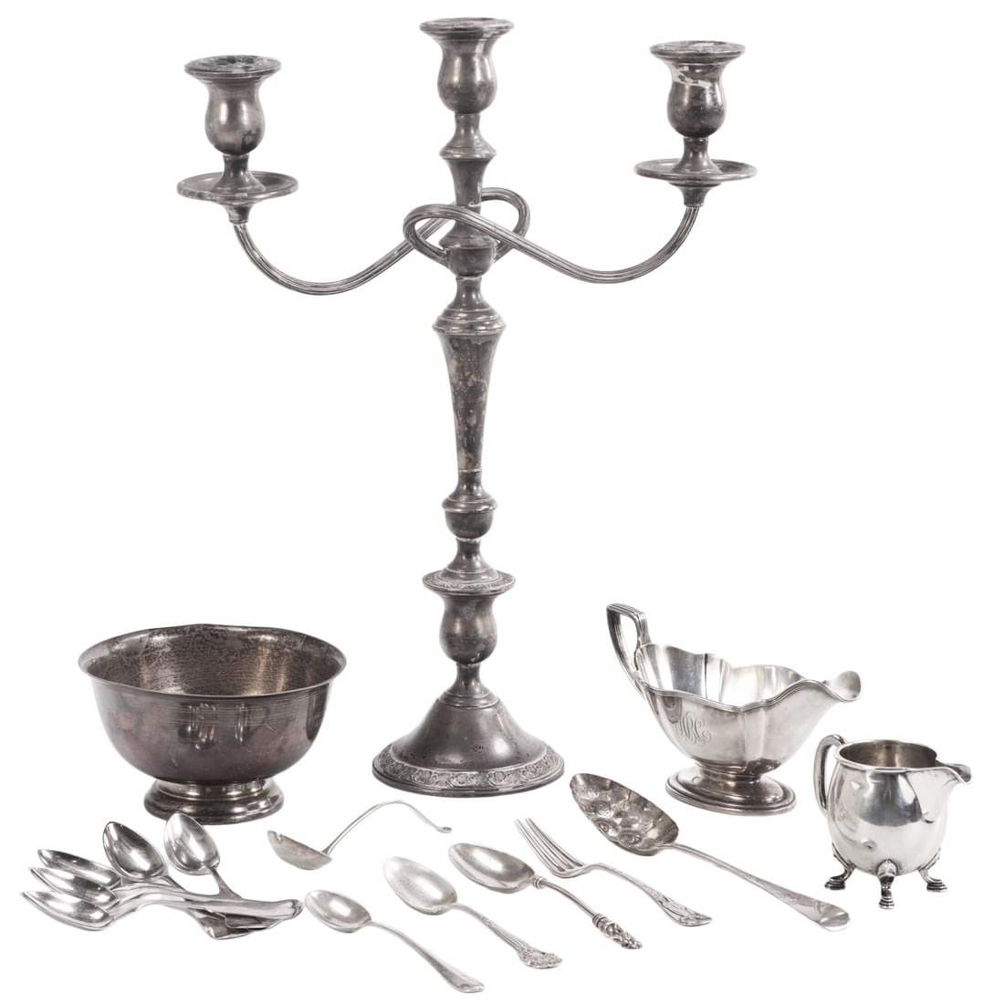 15PC STERLING AND COIN SILVER, INCLUDES CANDELABRA, SERVING PIECES, FLATWARE AND 4 COIN (1 of 7)