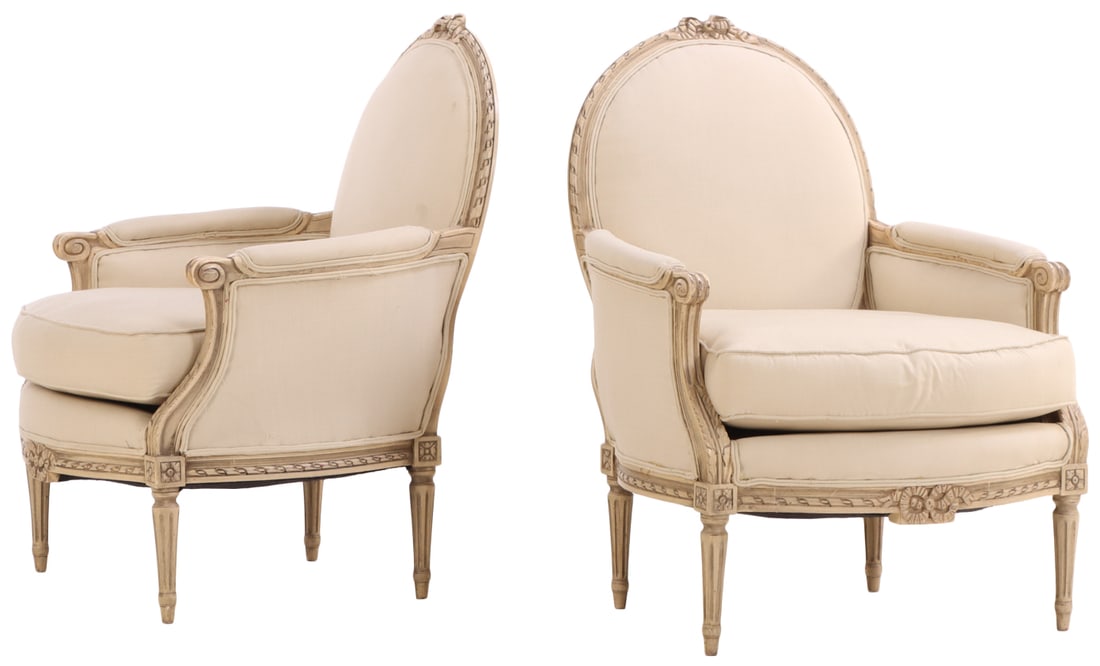PAIR FRENCH PAINTED AND CARVED LOUIS XVI STYLE BERGERE CHAIRS HAVING GOOD SCALE AND RECENT FABRIC (1 of 6)