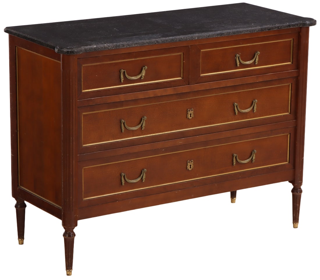FRENCH MAHOGANY LOUIS XVI STYLE MARBLE TOP DRESSER HAVING THREE DRAWERS TRIMMED IN BRASS C 1950. (1 of 6)