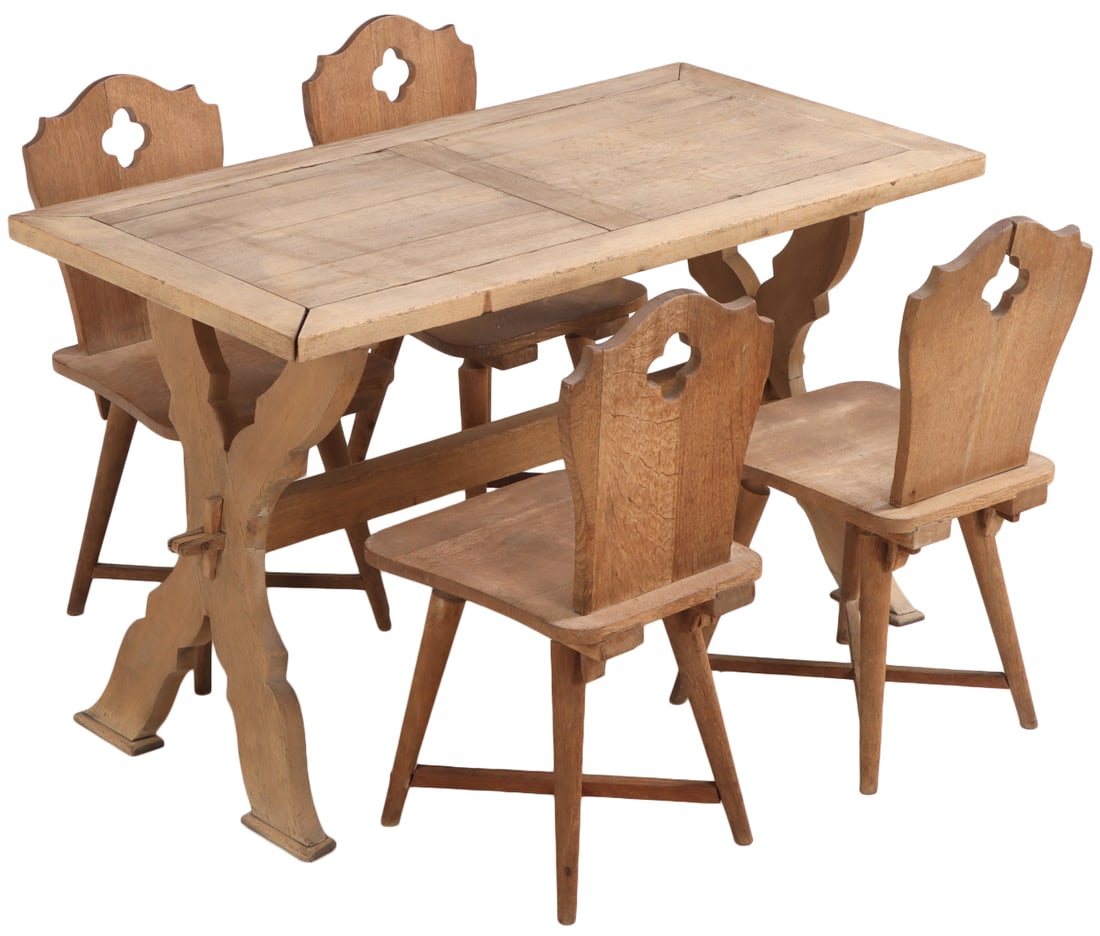 BELGIAN OAK BISTRO TABLE WITH X FORM BASE AND FOUR MATCHING CHAIRS C 1920.: Belgian oak Bistro table with X form base and four matching chairs C 1920. Chairs- Ht: 32", Wd: 16", Dpth: 18", Seat: 16.5". Ht: 29.75" Wd: 49" Dpth: 25.5"