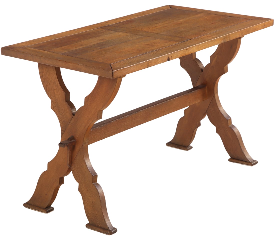 BELGIAN OAK TABLE WITH X BASE C 1920. (1 of 5)