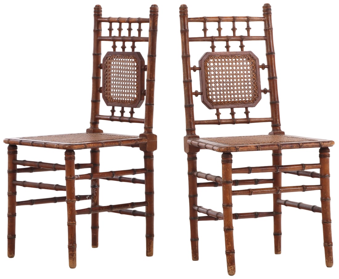 PAIR OF AESTHETIC MOVEMENT FAUX BAMBOO SIDE CHAIRS WITH CANE SEATS AND BACKS C 1900. (1 of 8)