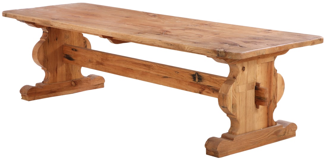 LARGE ELM FARM TABLE HAVING A STRETCHER CONNECTING SHAPED BASES. PARTIALLY NINETEENTH CENTURY. (1 of 1)