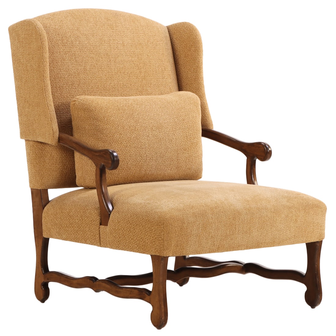 LARGE SCALE FRENCH PROVINCIAL STYLE LOUNGE CHAIR WITH OPEN ARMS AND SHAPED STRETCHER. (1 of 6)