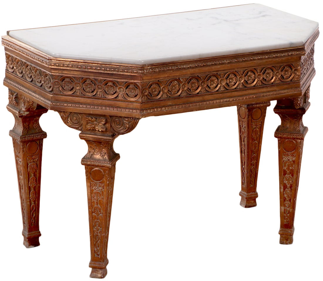 PAINTED AND CARVED MARBLE TOP CONSOLE TABLE. (1 of 7)