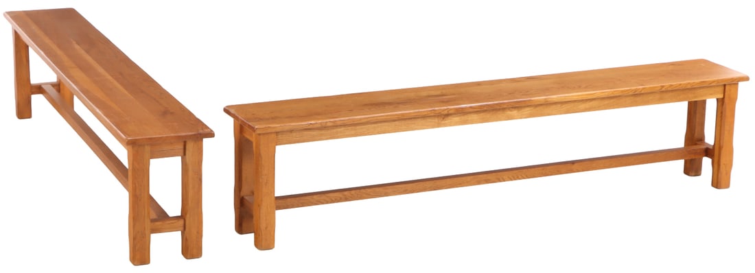 A 78 INCH PAIR OF FRENCH OAK BENCHES HAVING SQUARE LEGS AND STRETCHER BASE CIRCA 1960: A 78 inch pair of French oak benches having square legs and stretcher base circa 1960 Ht: 17.75" Wd: 78.75" Dpth: 12"