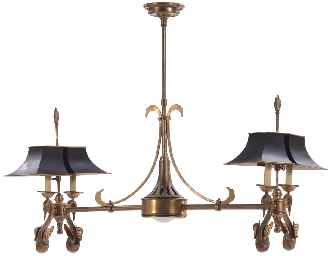 A FIVE LIGHT BRASS BILLIARDS STYLE LIGHT FIXTURE WITH SWAN DECORATION AND IRON SHADES. (1 of 5)