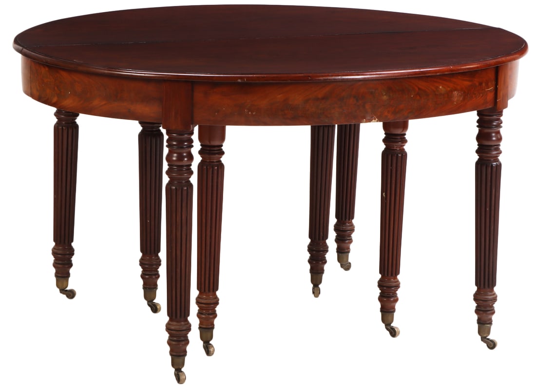A FRENCH MAHOGANY BANQUET TABLE HAVING FIVE ORIGINAL LEAVES SUPPORTED BY EIGHT LEGS C 1840. (1 of 6)