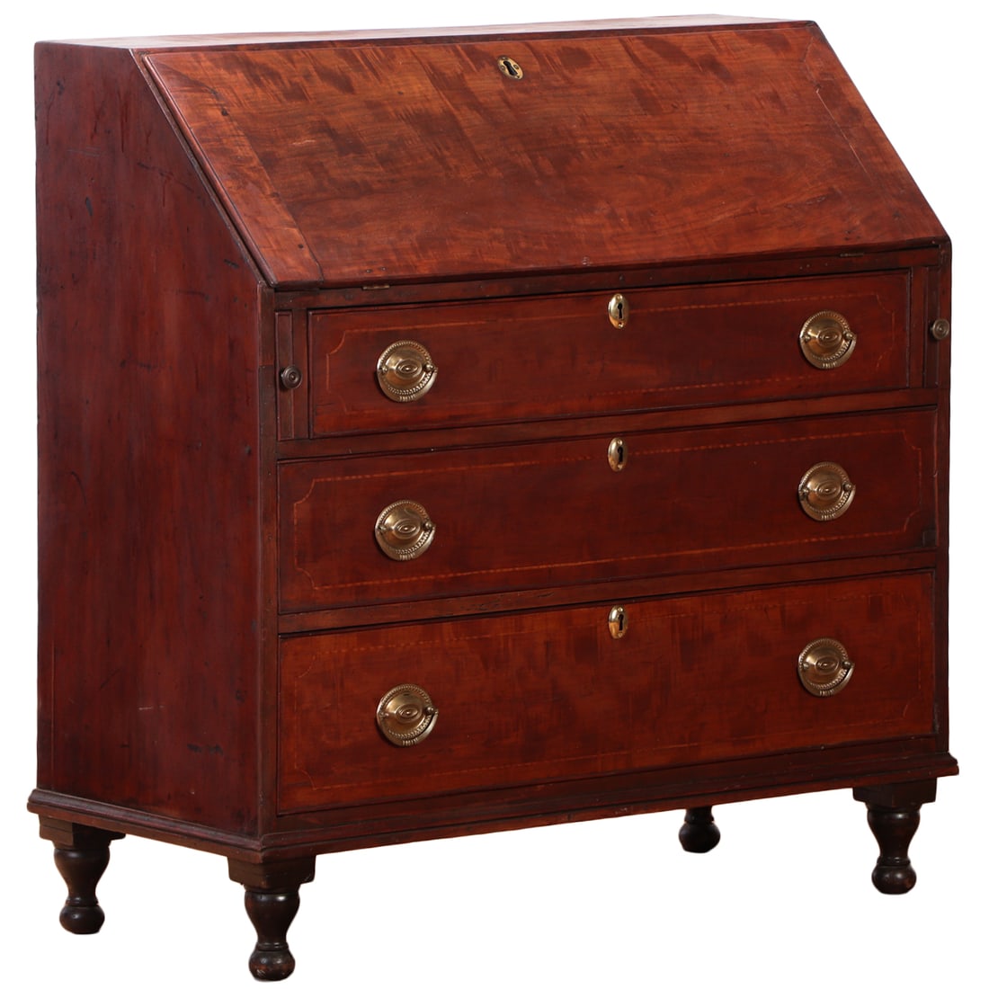 EIGHTEENTH CENTURY INLAID SLANT FRONT DESK HAVING BRASS PULLS AND A FULLY FITTED INTERIOR. (1 of 8)