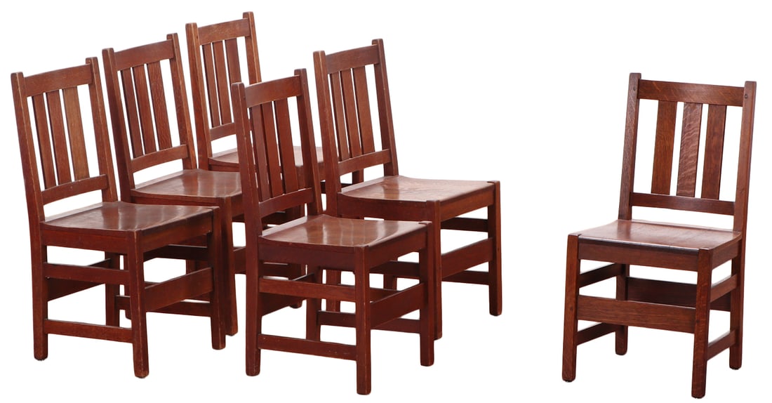 SIX SIGNED L.&J.G. STICKLEY OAK DINING CHAIRS C 1910.: Six signed L.&J.G. Stickley oak dining chairs C 1910. Ht: 35.5" Wd: 17.75" Dpth: 18.75" Seat: 18"