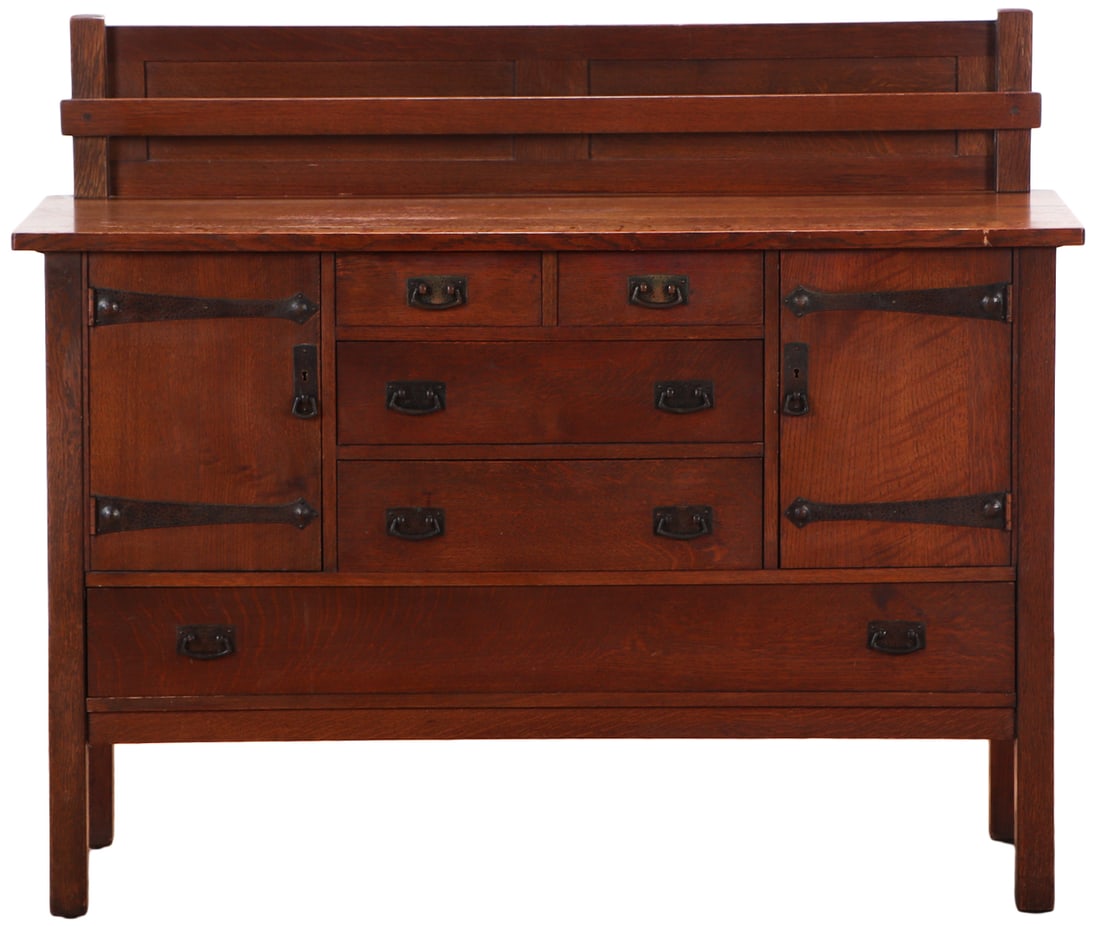 L.& J.G. STICKLEY OAK SIDEBOARD WITH BACK SPLASH AND METAL STRAPSWORK C 1910. (1 of 9)