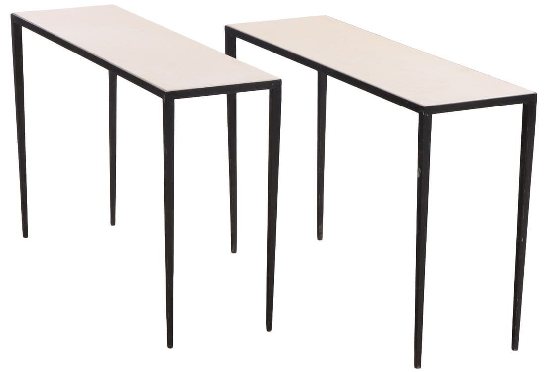 PAIR OF IRON AND PARCHMENT CONSOLE TABLES IN THE MANNER OF JEAN-MICHEL FRANK.: Pair of iron and parchment console tables in the manner of Jean-michel Frank. Ht: 31.25" Wd: 49.75" Dpth: 15"