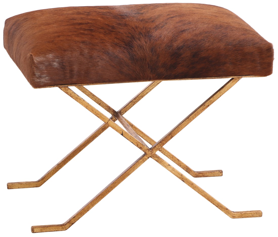 GILT IRON AND COW HIDE STOOL IN THE MANNER OF JEAN-MICHEL FRANK. (1 of 4)