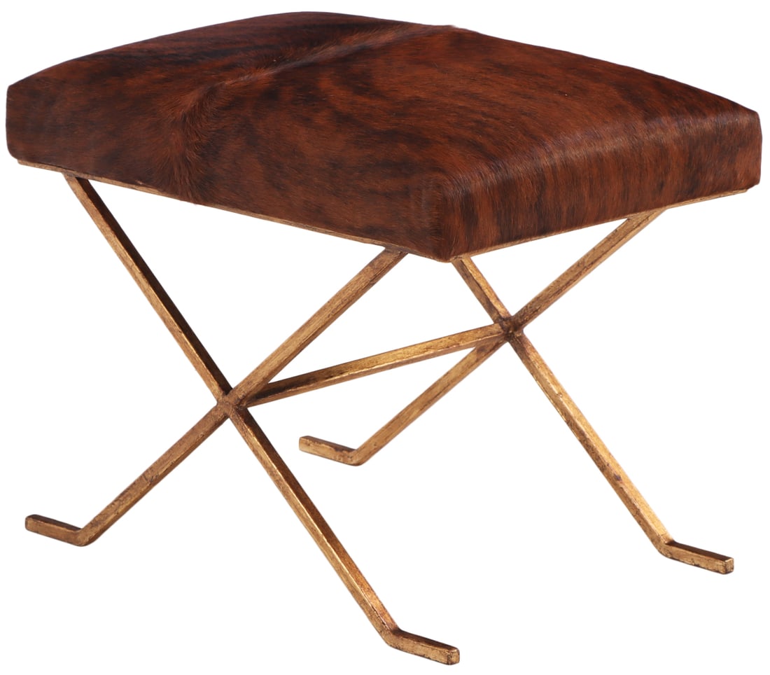 GILT IRON AND COW HIDE STOOL IN THE MANNER OF JEAN-MICHEL FRANK.: Gilt iron and cow hide stool in the manner of Jean-Michel Frank. Ht: 19.25" Wd: 24.5" Dpth: 17"