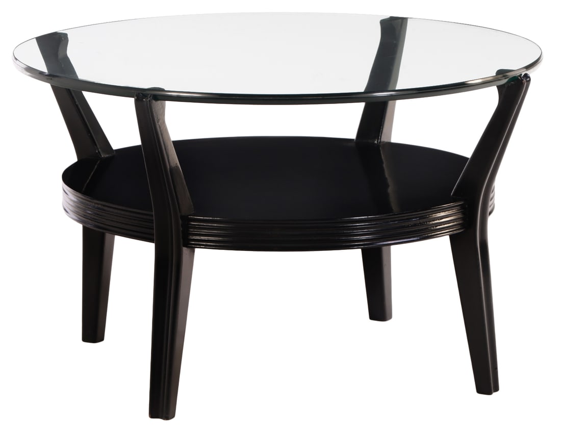 EBONIZED WOOD COFFEE TABLE HAVING A THICK GLASS TOP C 1960 ATTRIBUTED TO ENGLANDER AND BONTA. (1 of 4)