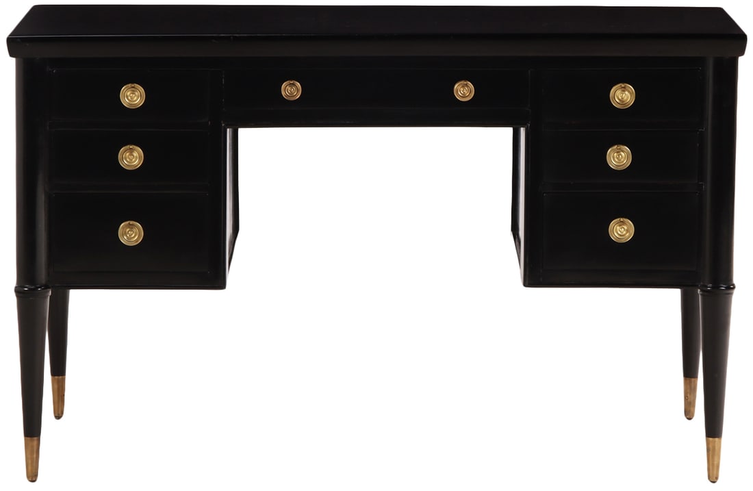 EBONIZED WOOD AND BRASS WRITING DESK C 1950 HAVING SEVEN DRAWERS AND A SLIGHT CURVE TO THE TOP. (1 of 7)
