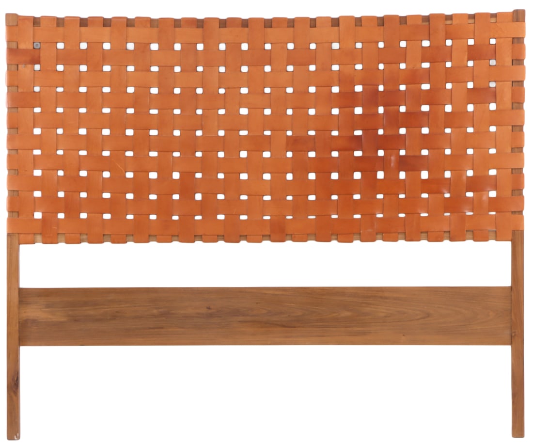 A WOOD AND STRAP WORK LEATHER FULL SIZE HEAD BOARD. (1 of 5)