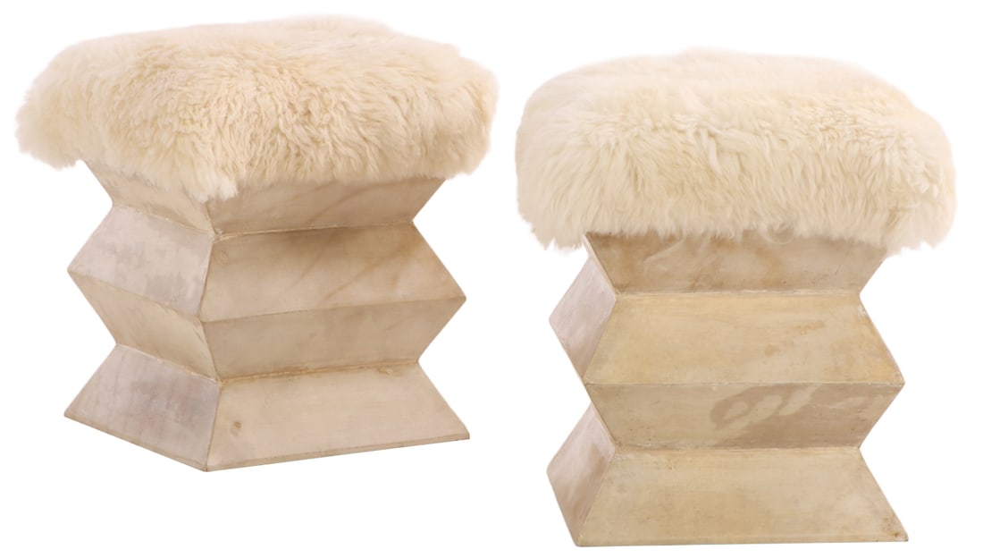 A PAIR OF PARCHMENT COVERED STOOLS UPHOLSTERED IN FAUX FUR. (1 of 5)