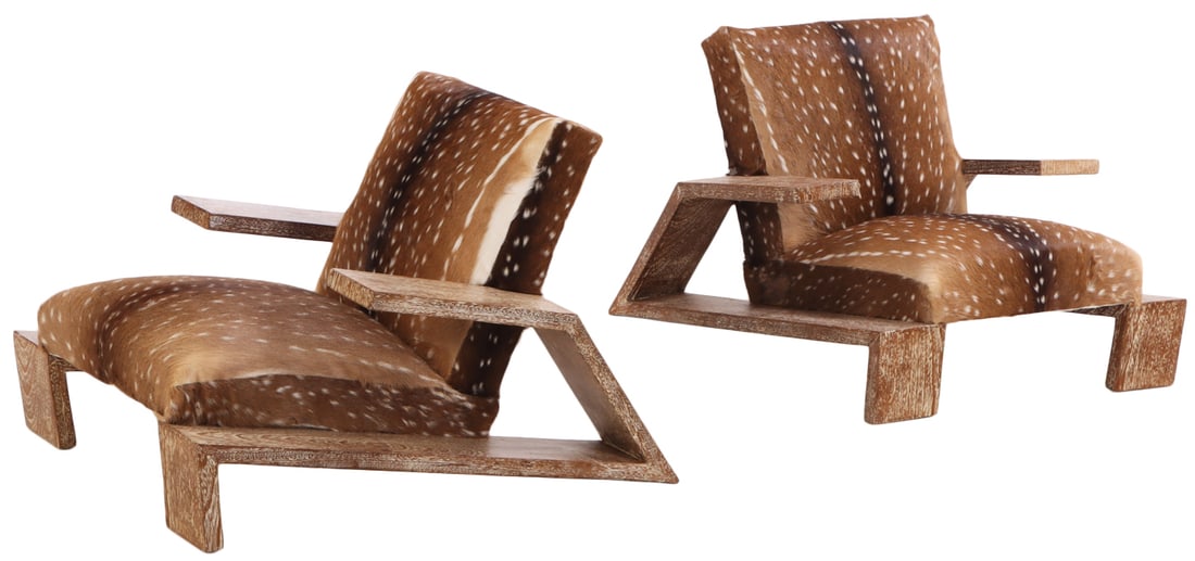 PAIR OF CERUSED OAK AND DEER HIDE ARM CHAIRS IN THE MANNER OF JEAN-MICHEL FRANK. THIS DESIGN WAS: Pair of cerused oak and deer hide arm chairs in the manner of Jean-Michel Frank. This design was originally supplied by Frank for the Llao Llao hotel, located in Bariloche Argentina Ht: 29" Wd: 35.25"