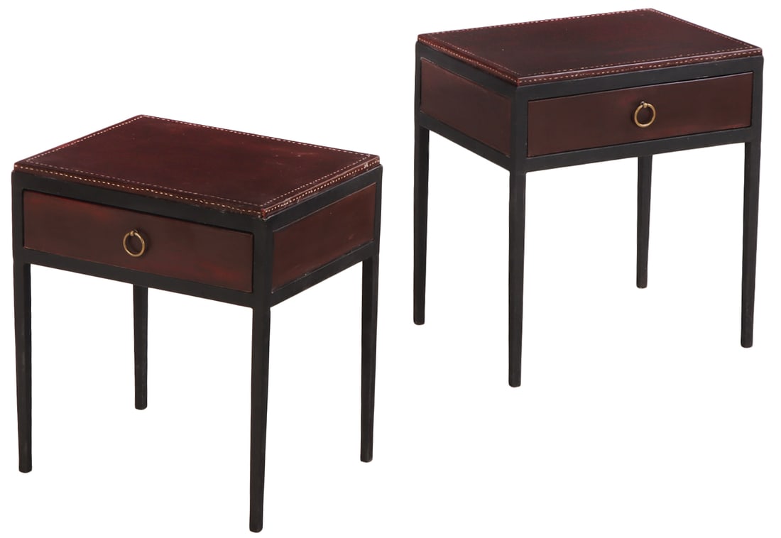 PAINTED IRON AND LEATHER END TABLES HAVING A SINGLE DRAWER IN THE MANNER OF JEAN-MICHEL FRANK. (1 of 7)