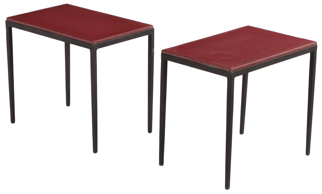PAINTED IRON AND LEATHER END TABLES IN THE MANNER OF JEAN-MICHEL FRANK. (1 of 5)