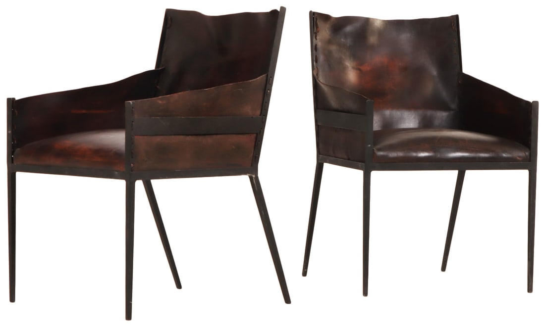 PAIR OF PAINTED IRON AND LEATHER ARM CHAIRS IN THE MANNER OF JEAN-MICHEL FRANK. (1 of 5)