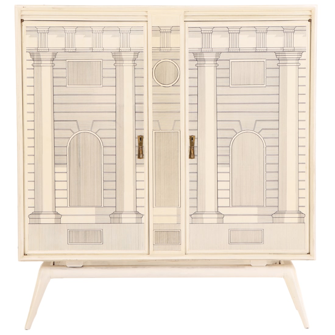 A PAINT DECORATED BAR CABINET IN THE MANNER OF FORNASETTI HAVING MIRRORED UPPER CABINET C 1960. (1 of 7)