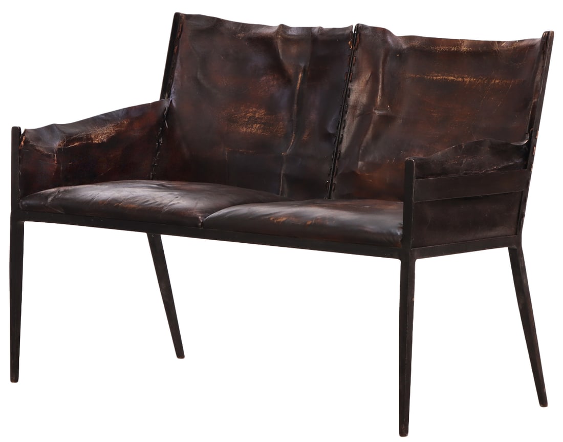 TWO SEAT IRON AND LEATHER SETTEE IN THE MANNER OF JEAN-MICHEL FRANK.: Two seat iron and leather settee in the manner of Jean-Michel Frank. Ht: 36" Wd: 47.5" Dpth: 25.5" Seat: 20"