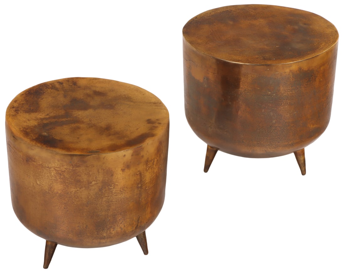 PAIR OF CAST ALUMINUM DRUM FORM END TABLES HAVING A COPPER WASH.: Pair of cast aluminum drum form end tables having a copper wash. Ht: 18.75" Wd: 19" Dpth: 19"