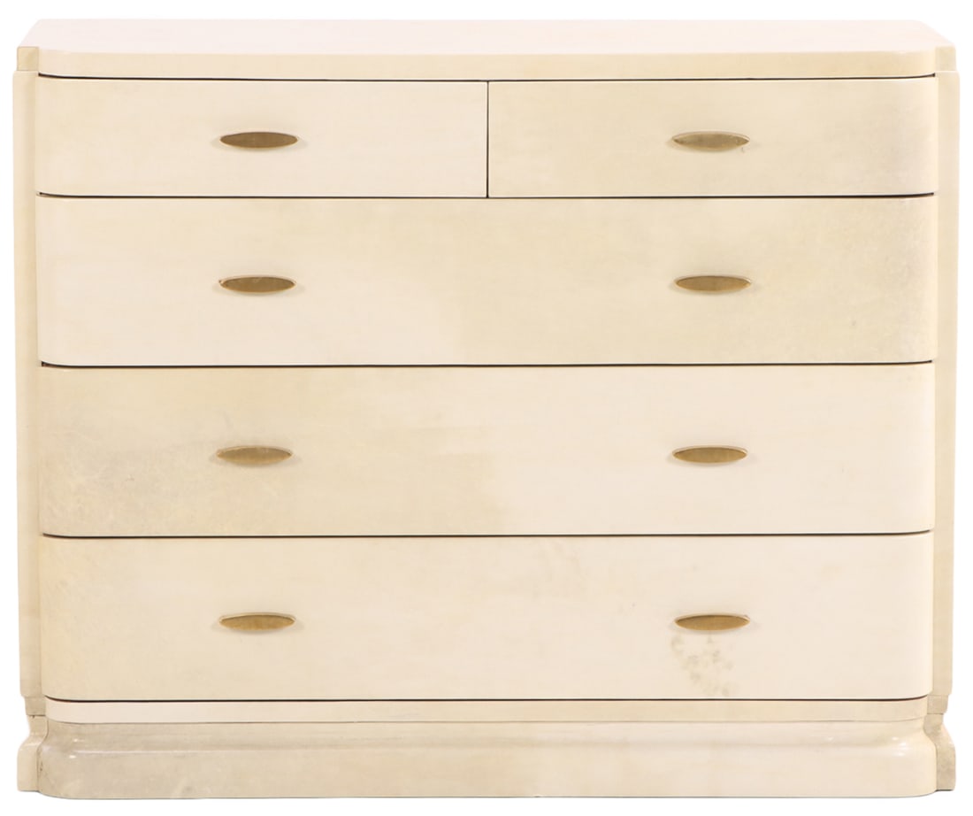 ART DECO STYLE PARCHMENT COVERED DRESSER HAVING TWO OVER THREE DRAWER CONFIGURATION C 1940 IN THE (1 of 5)