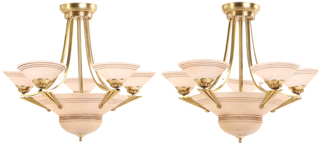 PAIR BRASS AND ALABASTER ART DECO STYLE FIVE ARM CHANDELIERS (1 of 5)