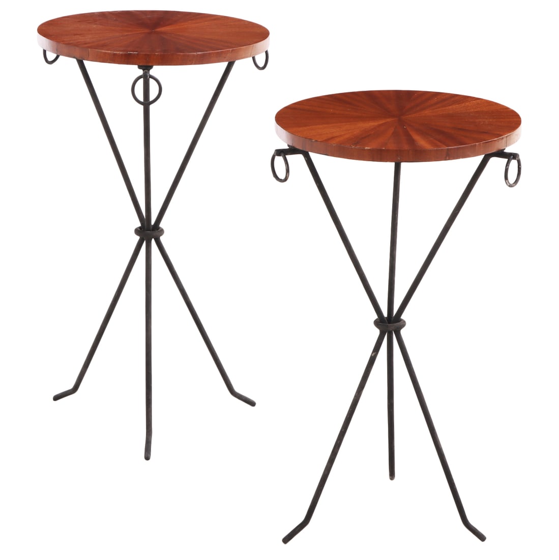 PAIR OF PAINTED IRON DRINKS TABLES HAVING RADIAL VENEERED MAHOGANY TOPS AND RING DECORATION. (1 of 4)