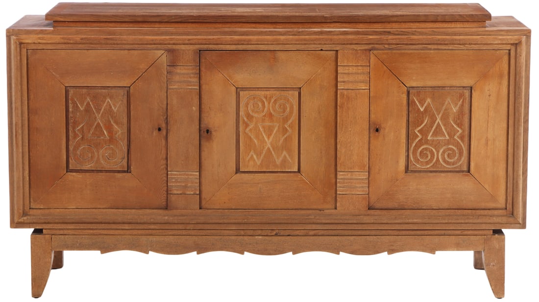 INTERESTING FRENCH OAK THREE DOOR SIDEBOARD HAVING UNUSUAL INCISED CARVINGS C 1940. (1 of 6)