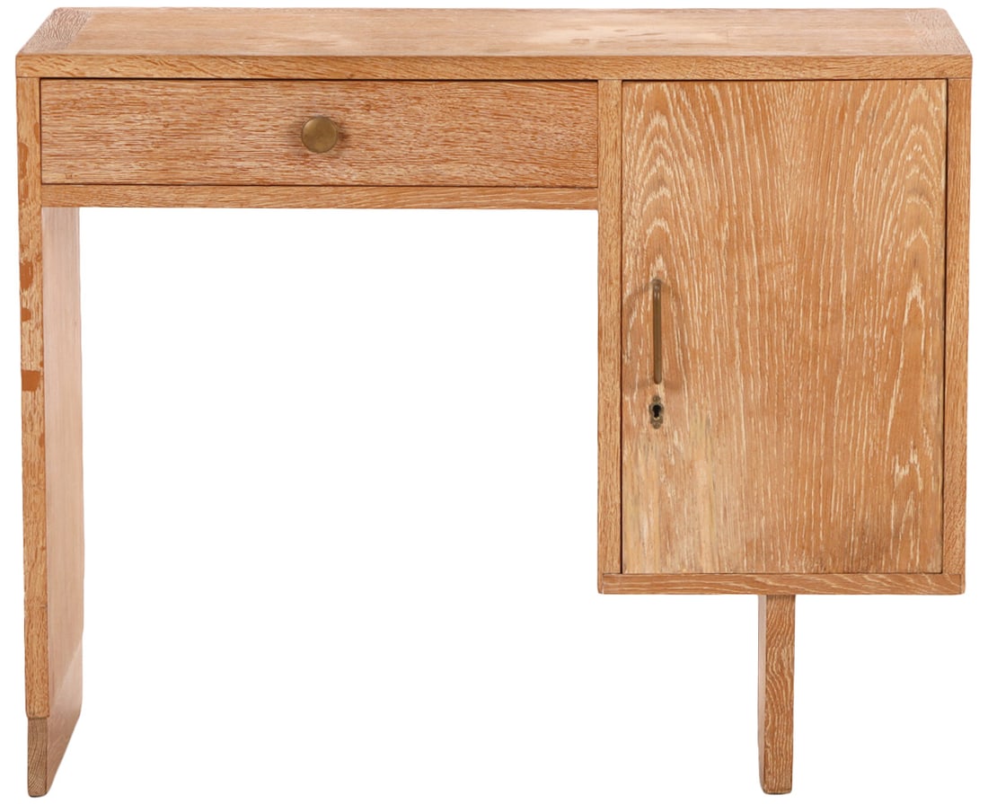 A PETITE FRENCH CERUSED OAK WRITING DESK HAVING A SINGLE DOOR OPENING TO A FITTED INTERIOR C 1950. (1 of 8)