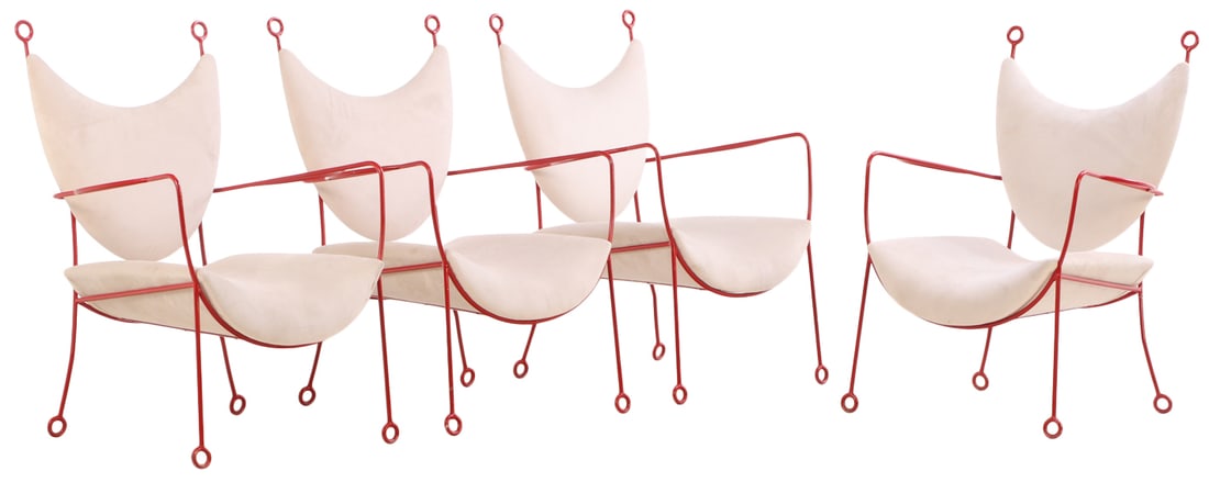 FOUR LARGE PAINTED IRON AND UPHOLSTERED ARM CHAIRS IN THE MANNER OF JEAN ROYERE. (1 of 5)
