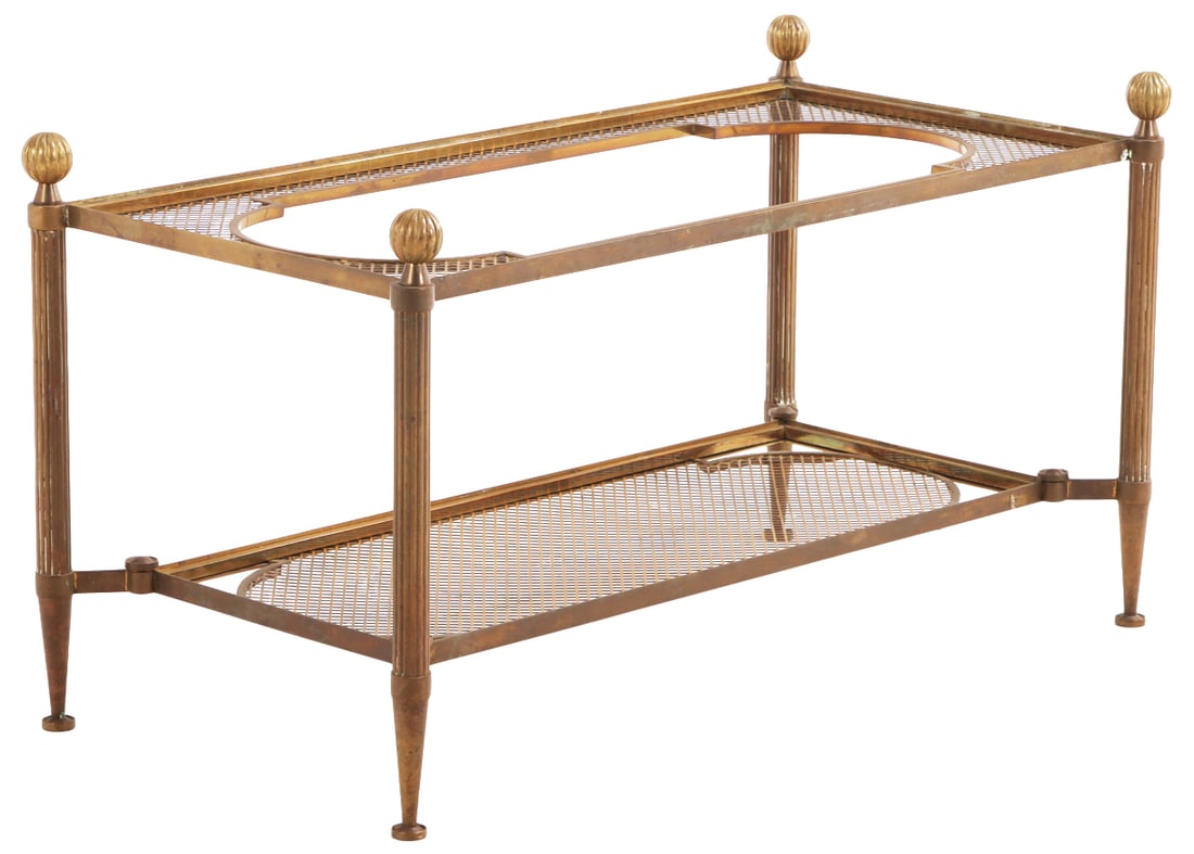 FRENCH BRASS COFFEE TABLE IN THE MANNER OF JANSEN HAVING BRASS MESH DESIGN C 1950. LACKING GLASS (1 of 6)