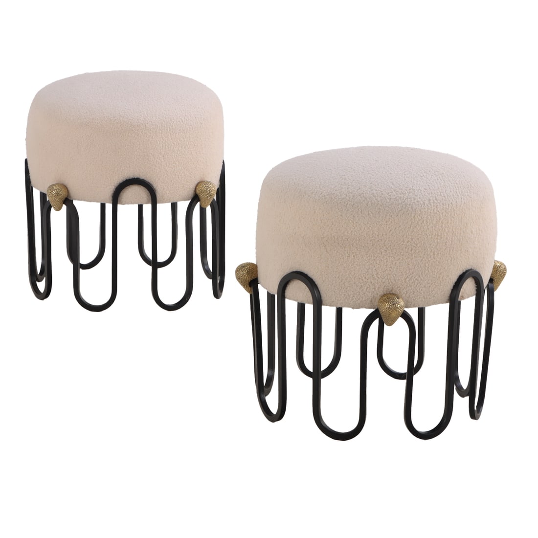 PAIR OF PAINTED IRON UPHOLSTERED STOOLS IN THE MANNER OF JEAN ROYERE HAVING CAST BRASS STRABERRY (1 of 3)