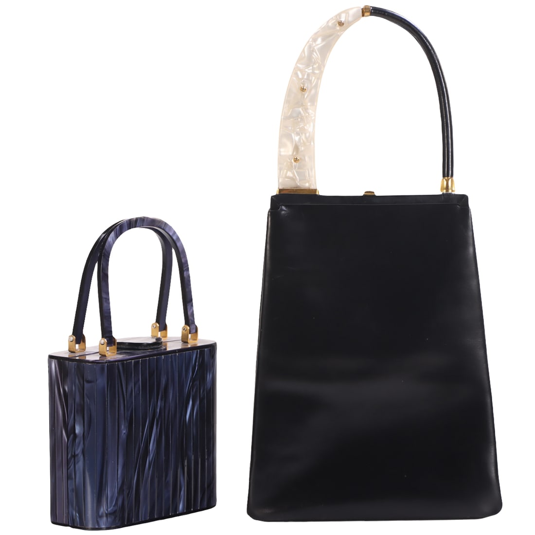 TWO VINTAGE HANDBAGS INCLUDING A BLACK LEATHER BAG WITH PEARLED ACRYLIC HANDLE BY HARRY ROSENFELD (1 of 7)