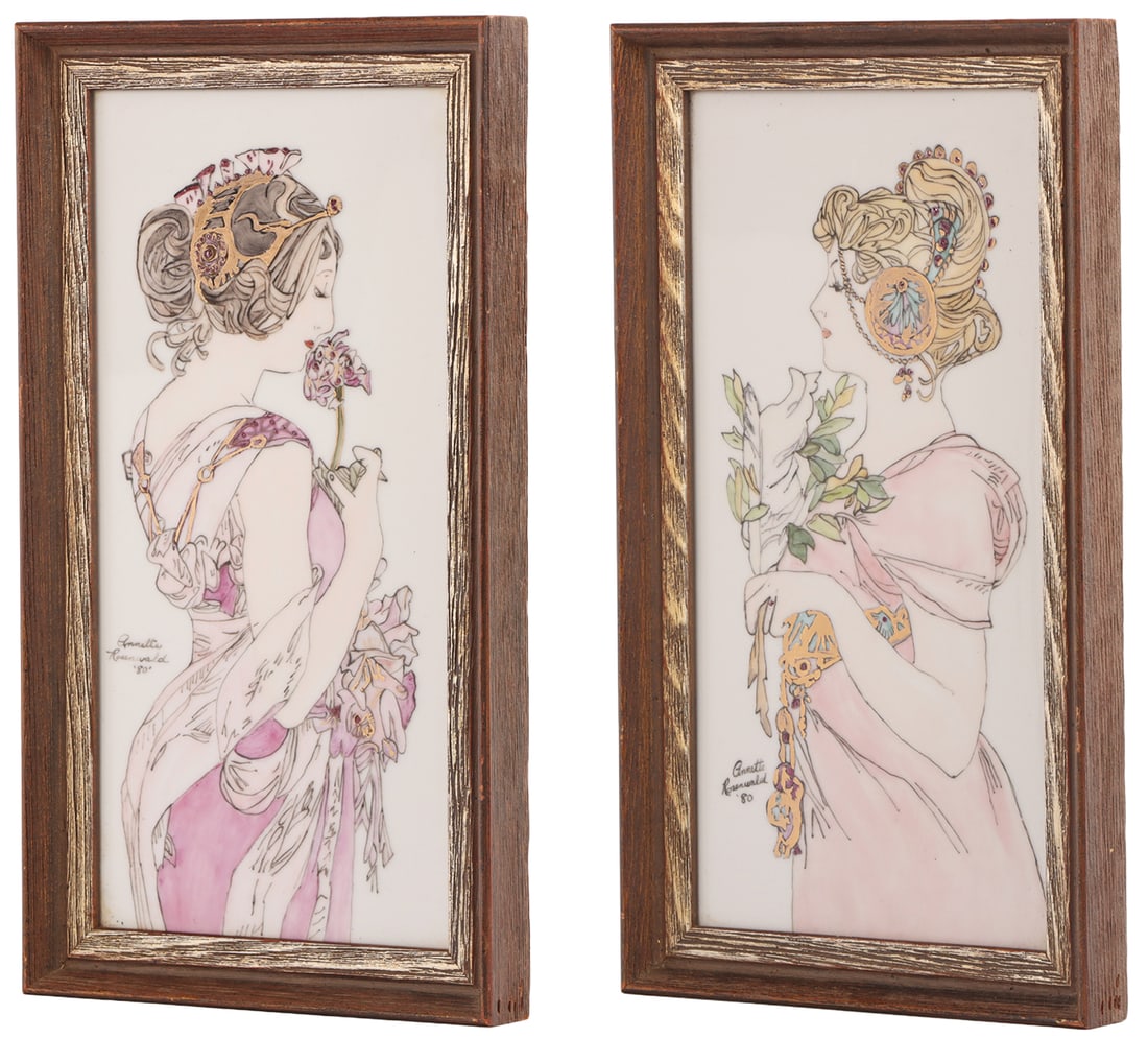 LA PRIMEVERE AND LA PLUME AFTER ALPHONSE MUCHA (CZECH, 1860-1939), PORCELAIN PANELS, SIGNED (1 of 7)