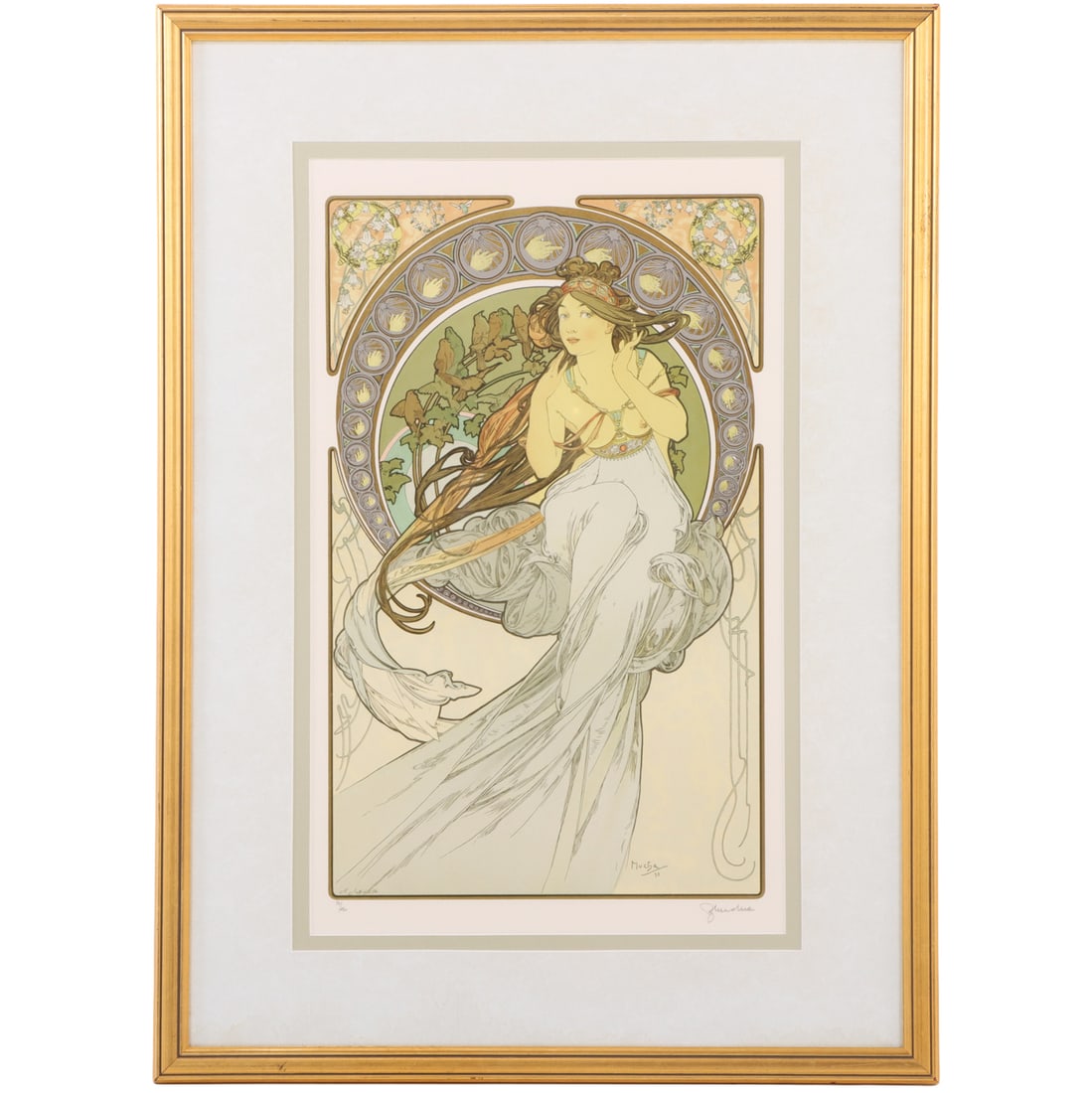 LITHOGRAPH AFTER ALPHONSE MUCHA'S 1898 "LA MUSIQUE" PENCIL SIGNED BY THE PRINTER, EDITION: Lithograph after Alphonse Mucha's 1898 "La Musique" pencil signed by the printer, edition 34/130 c. 20th century. Interior (sight)- Ht: 29", Wd: 18.25". Ht: 38.75" Wd: 28" Dpth: 0.75"