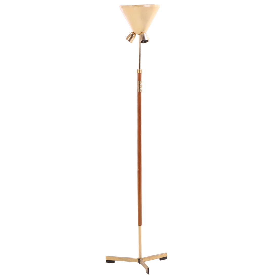 BRASS PLATE AND WOOD ADJUSTABLE FLOOR LAMP C 1950. (1 of 8)